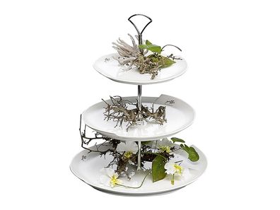 SANDRA RICH Etagere Porzellan mit Henkel 3Stufig ø20 + 25 + 29cm 39cm weiß