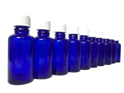 10 x Blauglas Flasche je 30 ml mit DIN18 Gewinde & Deckel