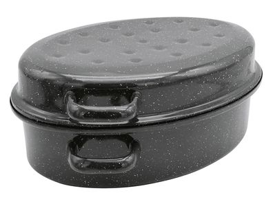 KARL KRÜGER Gänsebräter oval Ø26cm emailliert schwarz/weiß gesprenkelt