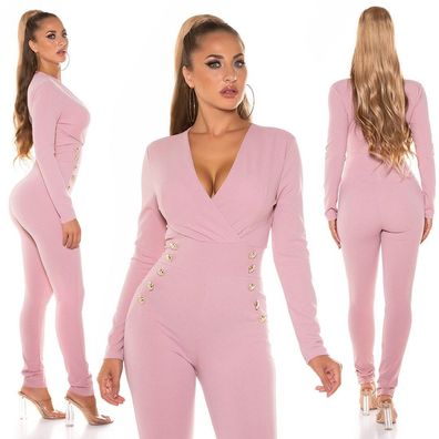 SeXy Miss Damen Stoff Overall Lang Jumpsuit Playsuit Knöpfe S 34 M 36 L 38 rosa