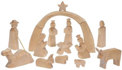 Große Weihnachtskrippe aus Pappelholz, 16 tlg