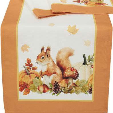Tischläufer Herbst Tischdecke 40 x 140 Tischwäsche Halloween Eichhörnchen Orange