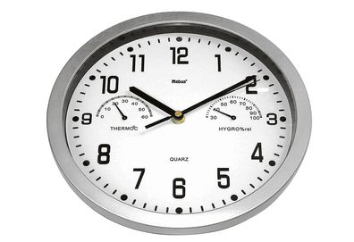 MEBUS Quarz-Wanduhr analog mit Thermometer / Hygrometer ohne 1x AA Batterie Ø22,5c