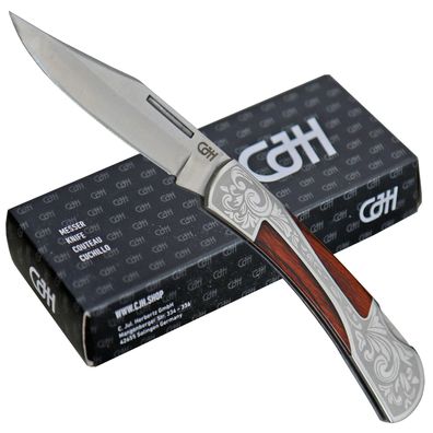 CJH Taschenmesser Zweihand graviert Pakkaholz-?Einlagen Slipjoint