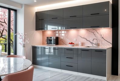 Küchenzeile VERO 260 cm Grau Hochglanz -ABS Kanten- Küche 2,6m, Einbauküche