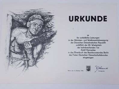 DDR Urkunde Eintragung in das Ehrenbuch Bezirksvorstand Berlin des FDGB 1978
