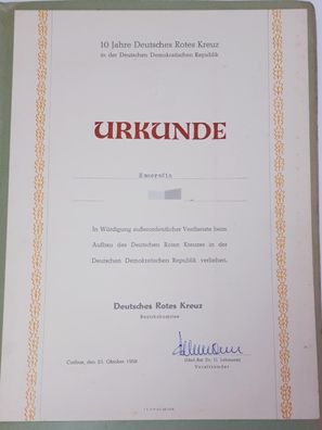 DDR Urkunde Außerordentliche Verdienste beim Aufbau des DRK - Cottbus 1962