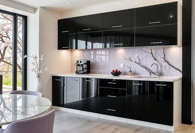 Küchenzeile VERO 260 cm Schwarz Hochglanz -ABS Kanten- Küche 2,6m, Einbauküche