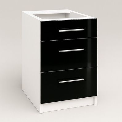 Schubladenunterschrank 50 cm Schwarz Hochglanz Vollauszug Soft-Close LINDA, PURE LINE