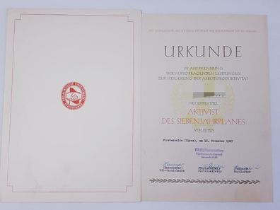 DDR Urkunde Ehrentitel Aktivist des Siebenjahrplans 1967