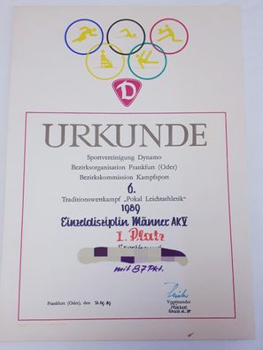 DDR Urkunde SV Dynamo 6. Traditionswettkampf Pokal Leichtathletik 1989