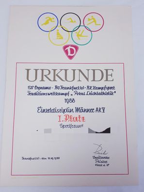 DDR Urkunde SV Dynamo Traditionswettkampf Pokal Leichtathletik 1988