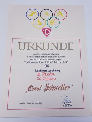 DDR Urkunde SV Dynamo Traditionswettkampf Pokal Leichtathletik 1987 Sektionswertung
