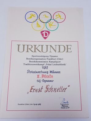 DDR Urkunde Traditionswettkampf Pokal Leichtathletik 1987 Pokalwertung Männer