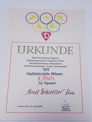 DDR Urkunde Traditionswettkampf Pokal Leichtathletik 1987 Staffeldisziplin Männer