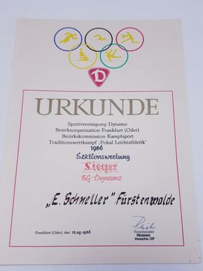 DDR Urkunde Traditionswettkampf Pokal Leichtathletik 1986 Sektionswertung