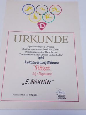 DDR Urkunde Traditionswettkampf Pokal Leichtathletik 1986 Pokalwertung Männer