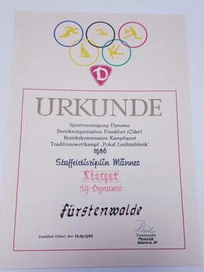 DDR Urkunde Traditionswettkampf Pokal Leichtathletik 1986 Staffeldisziplin Männer