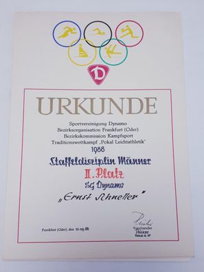 DDR Urkunde Traditionswettkampf Pokal Leichtathletik 1988 Staffeldisziplin Männer