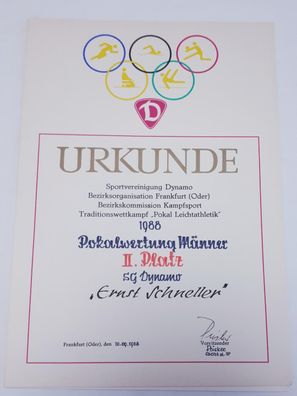 DDR Urkunde Traditionswettkampf Pokal Leichtathletik 1988 Pokalwertung Männer