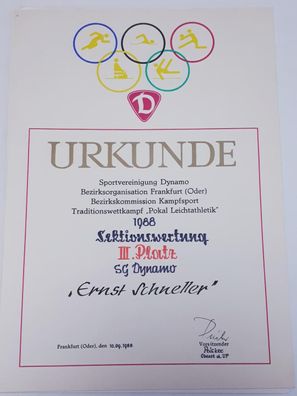 DDR Urkunde Traditionswettkampf Pokal Leichtathletik 1988 Sektionswertung