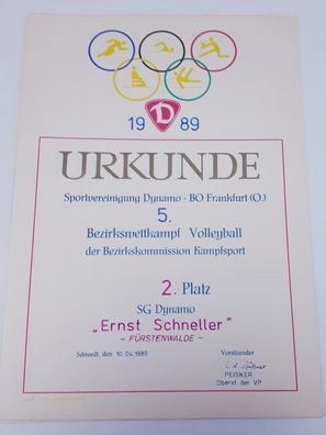 DDR Urkunde SV Dynamo BO Frankfurt/O. 5. Bezirkswettkampf Volleyball 1989