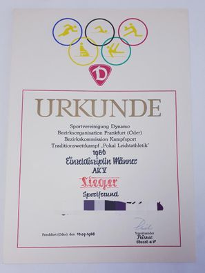 DDR Urkunde Traditionswettkampf Pokal Leichtathletik 1986 Einzeldisziplin Männer AK V