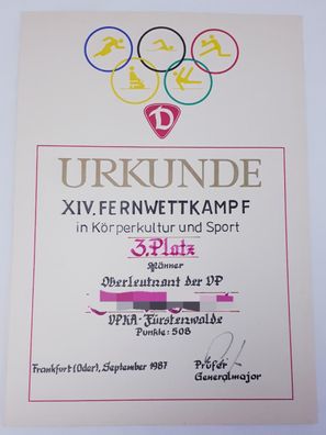 DDR Urkunde XIV. Fernwettkampf in Körperkultur und Sport 1987