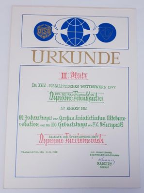 DDR Urkunde XXIV. sozialistischer Wettbewerb 1977 der BO Dynamo Frankfurt/O