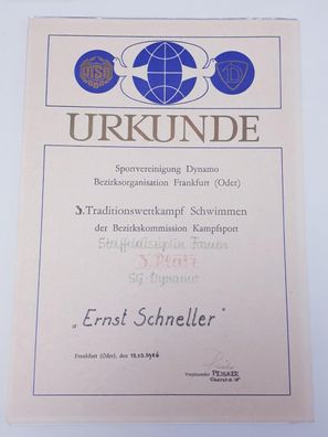 DDR Urkunde SV Dynamo BO Frankfurt/O. 3. Traditionswettkampf Schwimmen 1986