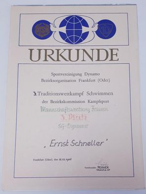 DDR Urkunde SV Dynamo 3. Traditionswettkampf Schwimmen 1986 Mannschaftswertung Frauen