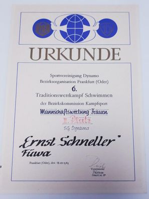 DDR Urkunde SV Dynamo 6. Traditionswettkampf Schwimmen Mannschaftswertung Frauen