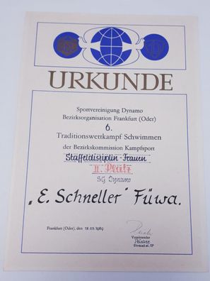 DDR Urkunde SV Dynamo 6. Traditionswettkampf Schwimmen Staffeldisziplin Frauen