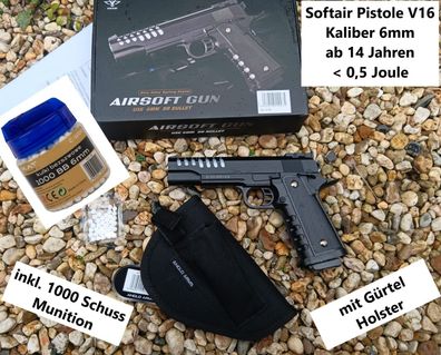NEU Softair Airsoft Pistole V16 Set + 1000 Schuss + Holster ab 14 Jahre 0,5J