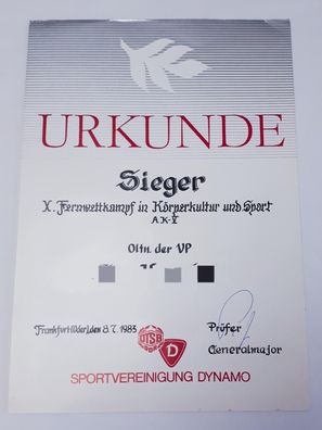 DDR Urkunde SV Dynamo X. Fernwettkampf in Körperkultur und Sport AK-V 1983