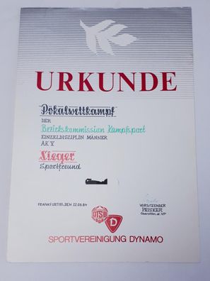 DDR Urkunde SV Dynamo Pokalwettkampf der BK Kampfsport Einzeldisziplin Männer AK-V
