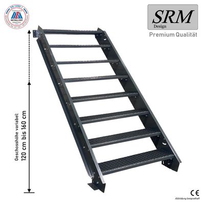 8 Stufen Stahltreppe komplett anthrazit Breite 60 - 160 cm Höhe 120 - 160 cm