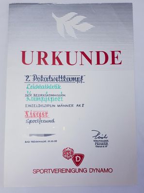 DDR Urkunde SV Dynamo 2. Pokalwettkampf Leichtathletik Einzeldisziplin Männer AK-V