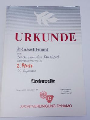 DDR Urkunde SV Dynamo Pokalwettkampf der BK Kampfsport Sektionswertung