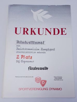 DDR Urkunde SV Dynamo Pokalwettkampf der BK Kampfsport Staffeldisziplin Männer