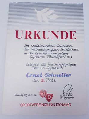 DDR Urkunde SG Dynamo Ernst Schneller 1986