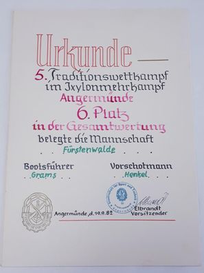 DDR Urkunde 5. Traditionswettkampf im Ixylonmehrkampf Angermünde 1982