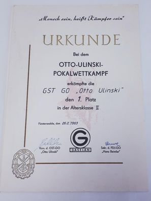 DDR Urkunde Otto Ulinski Pokalwettkampf Altersklasse II