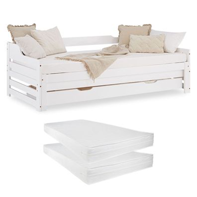 Gästebett Holzbett 90x200 cm Weiß Stauraum Tagesbett ausziehbar Jugendbett Auszieh