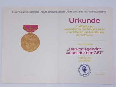 GST Urkunde zur Medaille Hervorragender Ausbilder der GST in Bronze