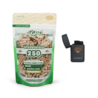 Purize Activkohlefilter XTRA SLIM organic, 250 Stück und Sturmfeuerzeug