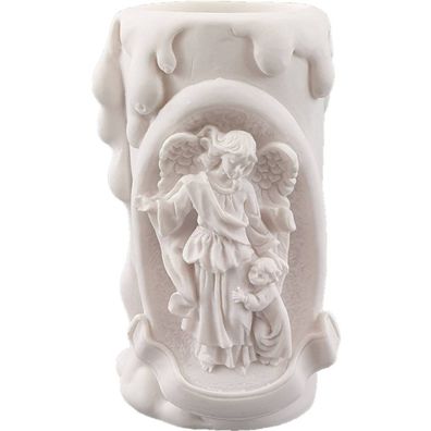 10cm Alabaster Teelichthalter Schutzengel mit kleinen Mädchen Weiß