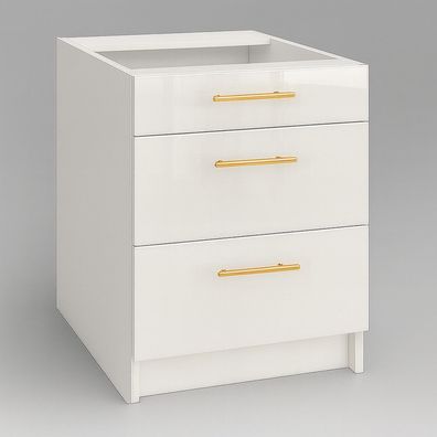 Schubladenunterschrank 60 cm Weiß Hochglanz Küche Vollauszug Soft-Close SIENA, LINDA