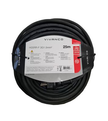 Vivanco Outdoor Verlängerungskabel 25m, Schuko Stecker - Schwarz