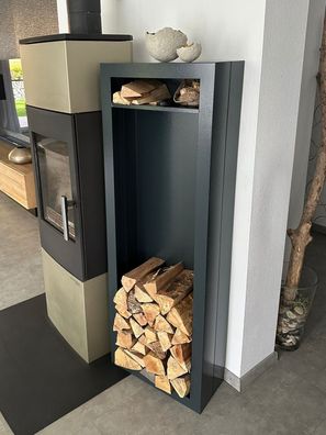 Kaminholzregal Innen Metall Rechteck mit Fach & Rückwand 145 cm - Anthrazitgrau